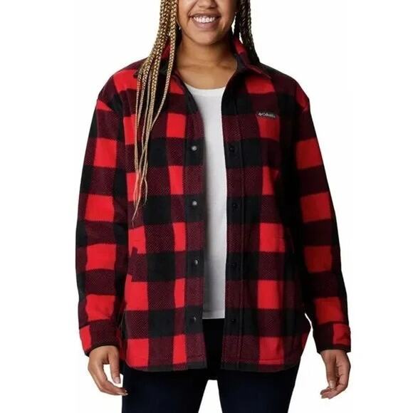 Columbia Jackets & Blazers - Columbia Benton Red Black Plaid Fleece Snap Shirt Jacket Women's Size Medium